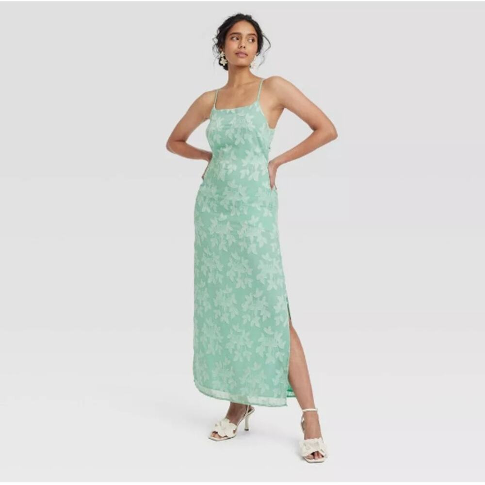 Jacquard Maxi Slip Dress Medium Green Mint A New Day NWT